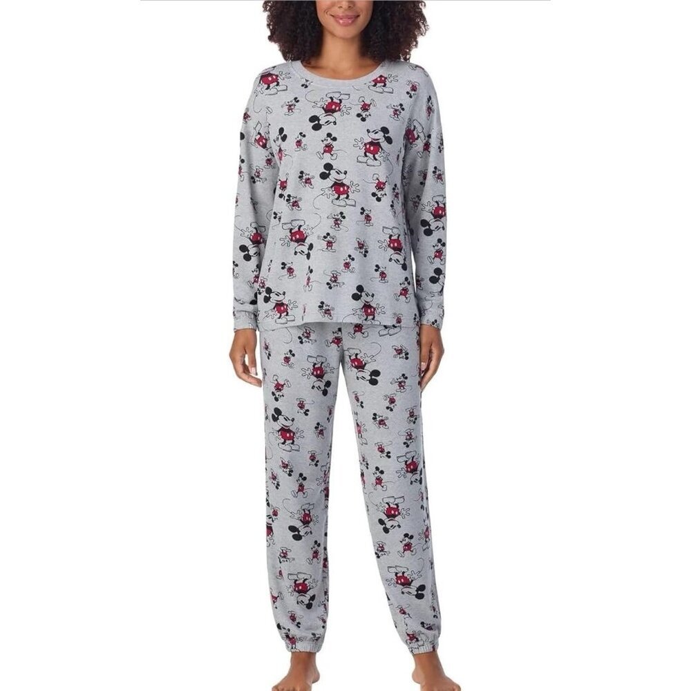 NEW! Disney Women's 2 Piece Mickey Mouse Pajama Set Grey Black Red SZ L